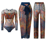 S - XXL 3PCS New Printed Long Sleeve With Pants Sarong Women Swimwear One Piece Swimsuit Female Bather Bathing Suit Swim V7180