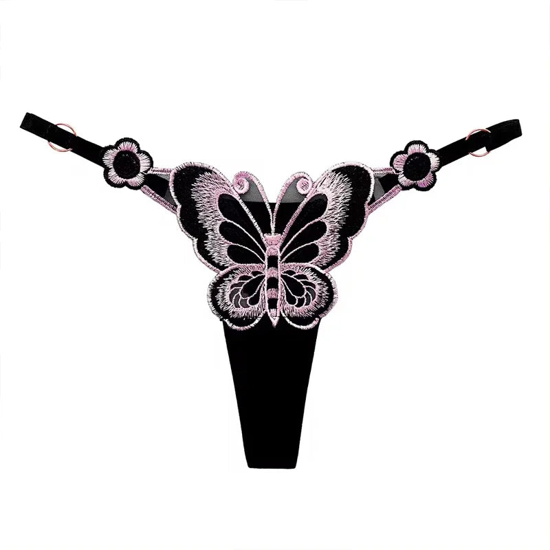 Women Butterfly Embroidery Thong Panties Sexy Lace G String Adjustable Strap Low Rise Underwear Soft Breathable Lingerie