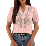 Women Floral Embroidery Puff Short Sleeve T Shirt Stand Collar V Neck Button Down Loose Solid Tees Summer Boho Casual Office Top