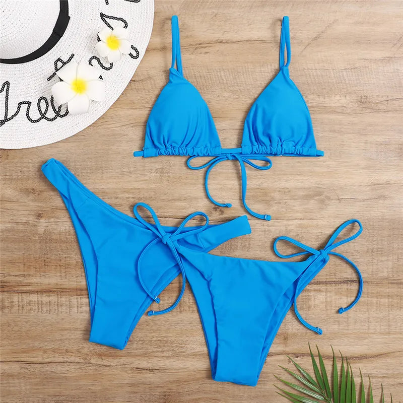 Sexy 3 Piece Bikini Set Women Solid Blue Purple Push Up Bandage Triangle Swimsuit Brazilian Beach Bathing Suit Swumwear Biquini