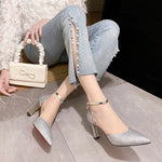 ZOKI Bling Gold Silver Women's Pumps 2024 Sexy Point Toe Thin Heel Party Wedding Shoes Woman Summer Ankle Strap High Heels Shoes