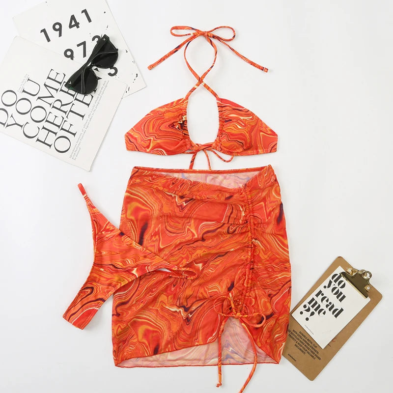 3 Pieces Bikini Set With SkirtTie Dye String Thong Bathing Suit Women Swimsuit FemaleSwimwear Beach Wear Swim Lady Summer