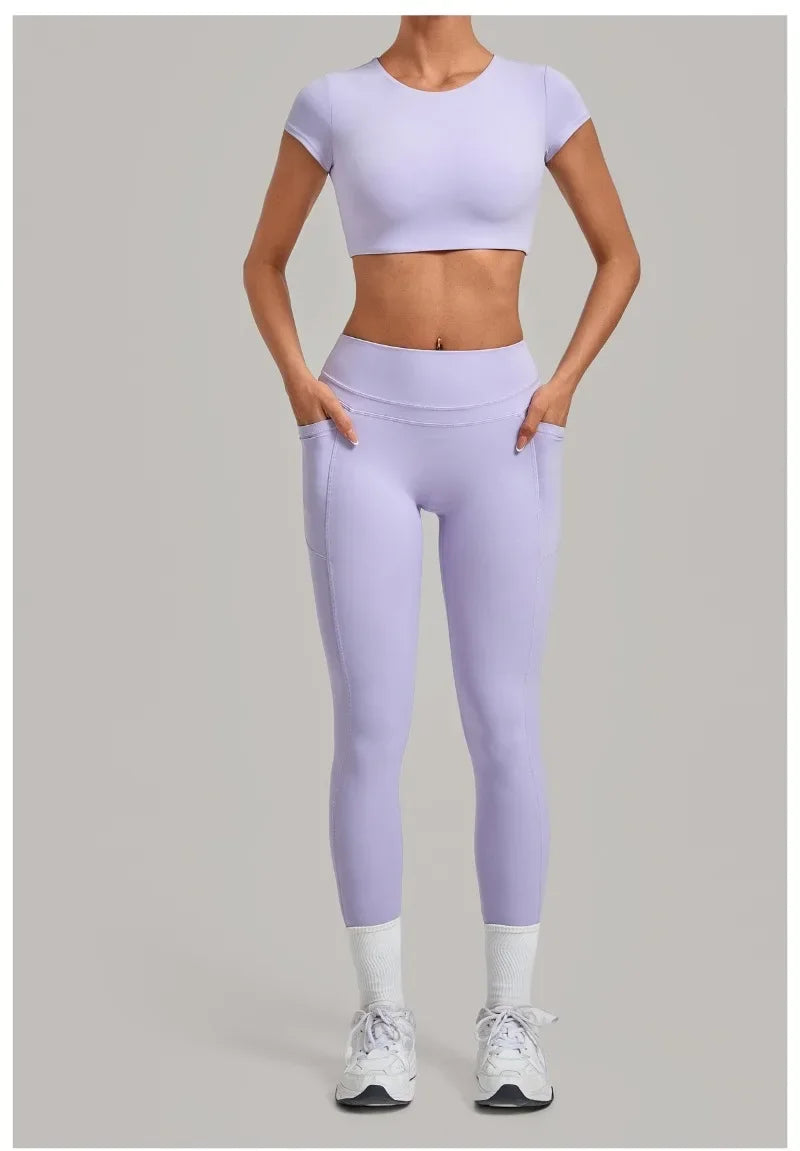 Women's Seamless Yoga Sets Sports Running High Waist Hip-lifting Pants Backless Short-sleeve Suits Workout Fitness Leggings Sets