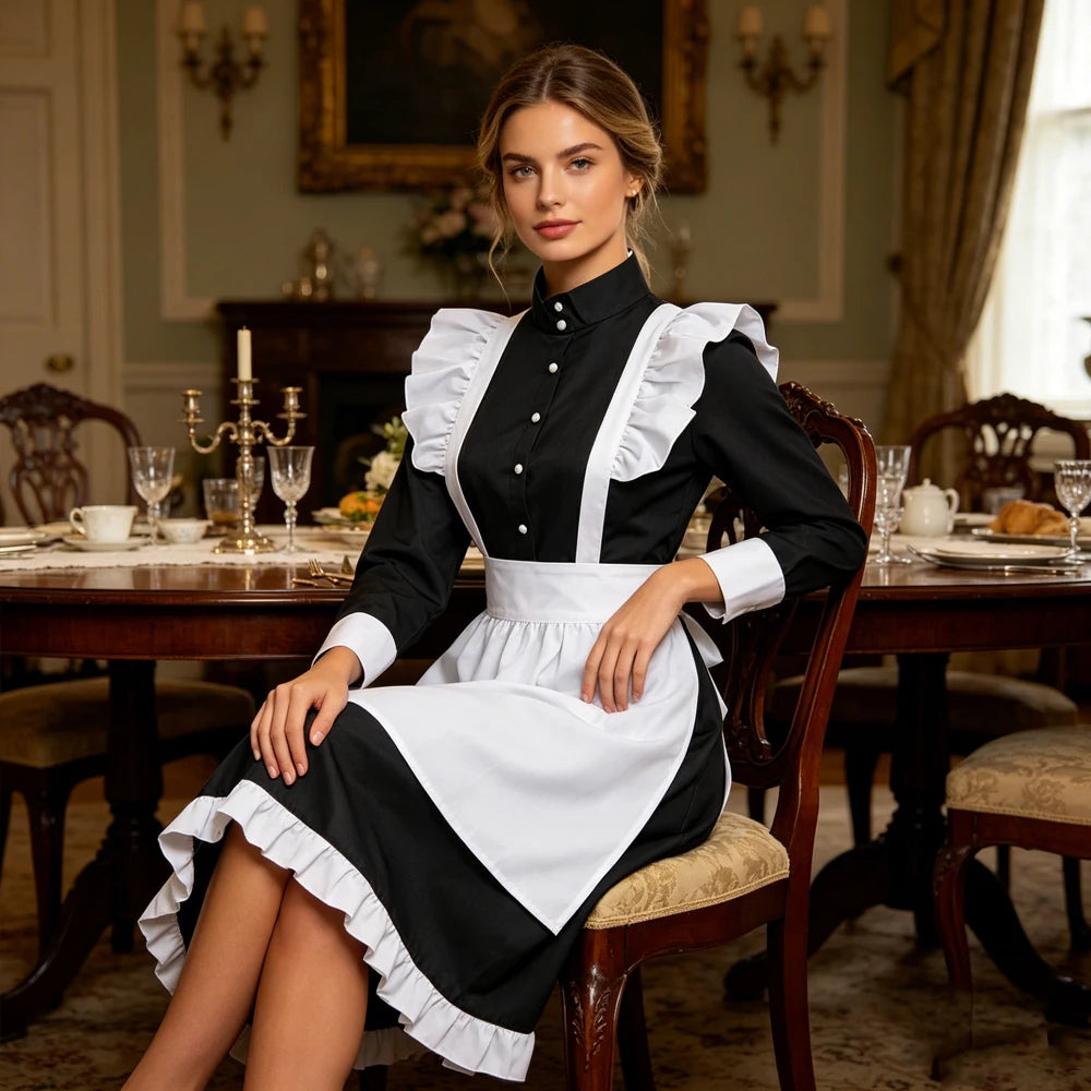 Women's Black White Maid Costume Cosplay Lingeries Ruffle Apron Long Sleeve Dresses for Halloween Party Role Play French Outfit