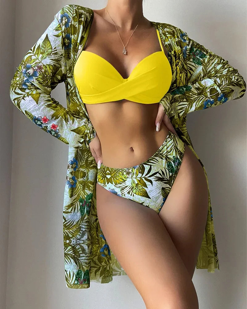 20 Colors Three Piece Bikinis Set Women Sexy Push Up Swimwear Swimsuit Plants Print Bathing Suit Bikini Cover Up Banadores Mujer