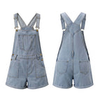 Summer Women Loose Denim Overalls Shorts Solid Color Sleeveless Suspender Jean Shorts Romper with Pockets Streetwear