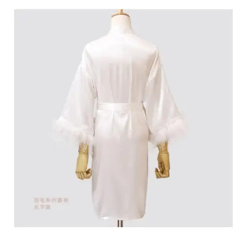 Women FEATHER Bride Bridesmaid Wedding Robe Satin Kimono Bathrobe Gown Nightwear Embroidery Letter Nightgown V-Neck Lingerie