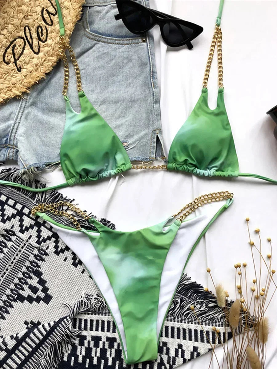Sexy Cow Print Halter Metal Chains Brazilian Bikini Women Swimsuit Female Swimwear Two Pieces Bikini Set Bathing Suit Swim Lady