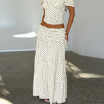 FDYOUI Woman Clothing Polka Dot Crop Tops and Lace-up Skirt Two Piece Sets Female Elegant Slash Neck Long Vacation Dresses Suit