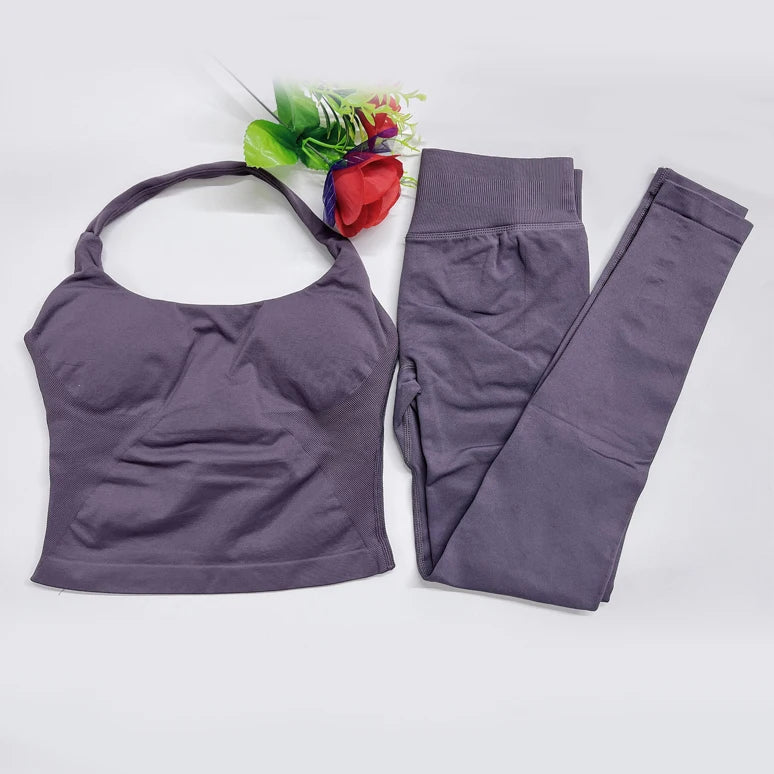 Women's Halter Top And Sports Leggings Gym Workout Set Two-Piece Pilates Clothes Yoga Outfits Impact Fitness Pants Set