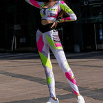 2 Piece Sets Women's Clothes Stylish Color-Block Letter Print Tops V-shaped High-waist Yoga Leggings Gym Clothes Woman 90322