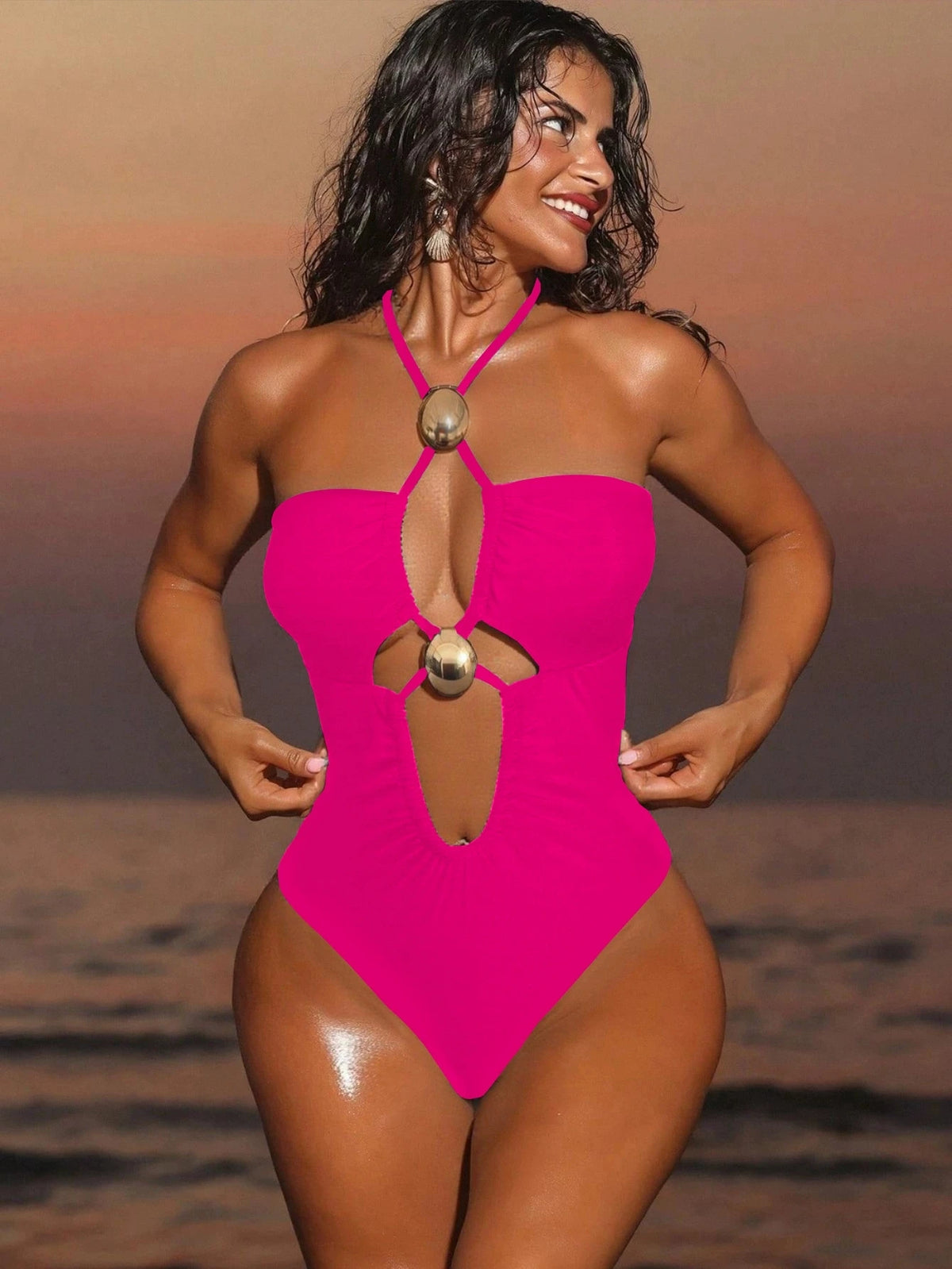 DEKA Solid Swimwear Women's New Hollow Out Metal One Piece Swimsuit High Elasticity Beach Vacation Style Halter Bikini Female