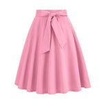 Women Skirt A-line Big Swing Belted Tight Waist Bow Decor Solid Color High Waist Soft Ruffle Summer Dating Party Midi Skirt