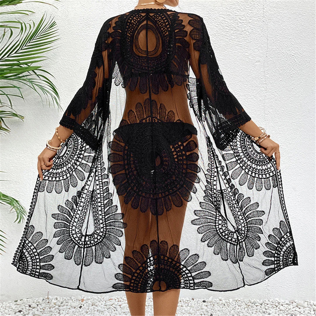 Sexy Embroidery Half Sleeve Chiffon Cardigan Tunic Beach Cover Up Cover-ups Beach Dress Beach Wear Beachwear Female Women V5510