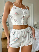 Women Summer Sleepwear Fashion Floral Print V Neck Cami Top and Lettuce Trim Shorts Pajama Set Loungewear Home Wear