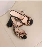 Fashion Leopard Print Square Heel Slippers Summer New Square Toe Metal Buckle Non-slip Wear-resistant Kitten Heel Shoes