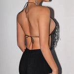 Women Rhinestone Fringe Halter Crop Top Deep V Neck Backless Tie Back Sparkly Body Chain Bra Bikini Top for Rave Festival Party