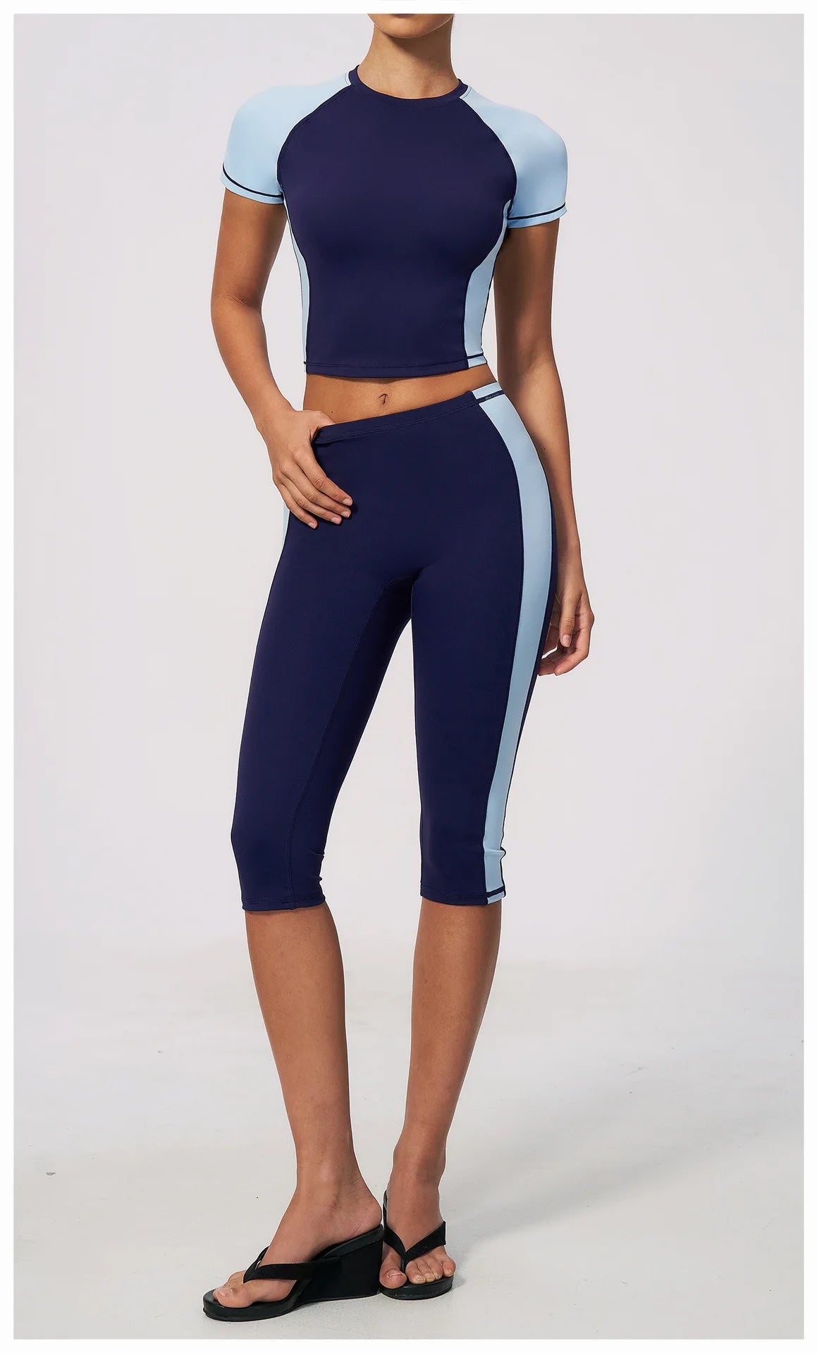 Color Blocking 2PCS Yoga Set Women's Tracksuit Short Sleeve O Neck Sports T Shirts High Waist Cropped Pants Tight Fitness Suits