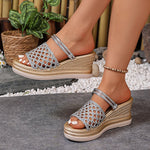 Hollow Out Gold Wedge Heels Sandals Women Plus Size 43 Chunky Platform Slippers Woman Summer Slip On Weave Thick Sole Sandles