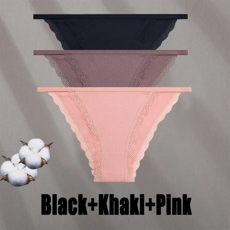 3PCS Women‘s Cotton Lace Panties Low Waist Briefs Comfortable Underwear Ladies Solid Color Underpants Girls Breathable Panty New