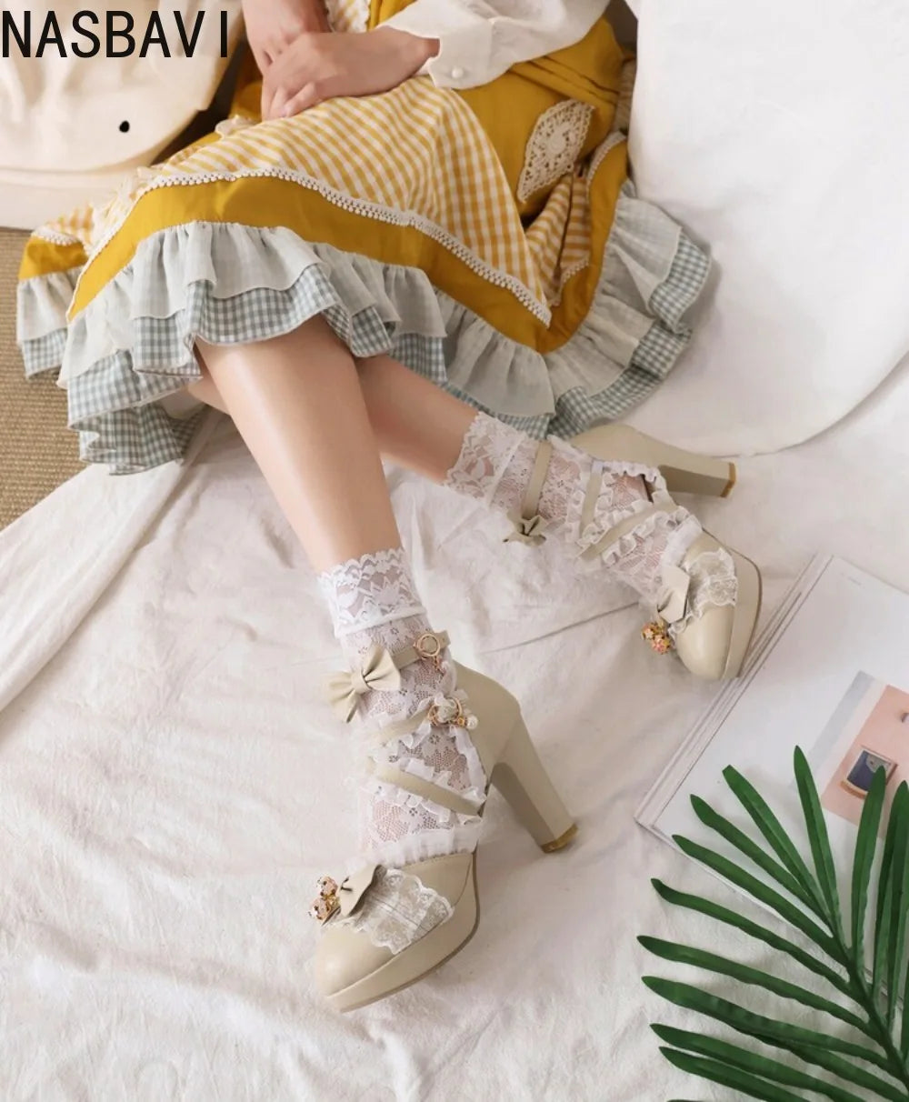 Girls Lace Strap Women 9cm High Heels Mary Jane Pumps Party Wedding Dress Princess Lolita Shoes Blue White Ankle Sandals 33-46