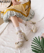 Girls Lace Strap Women 9cm High Heels Mary Jane Pumps Party Wedding Dress Princess Lolita Shoes Blue White Ankle Sandals 33-46