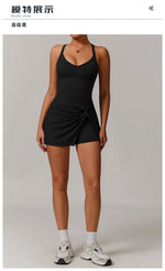 Summer Tennis Dress Women Sleeveless V Neck Slim Skirt Pleate Twisted Design Crossed Hollow Out Sports Yoga Golf Skirt Badminton