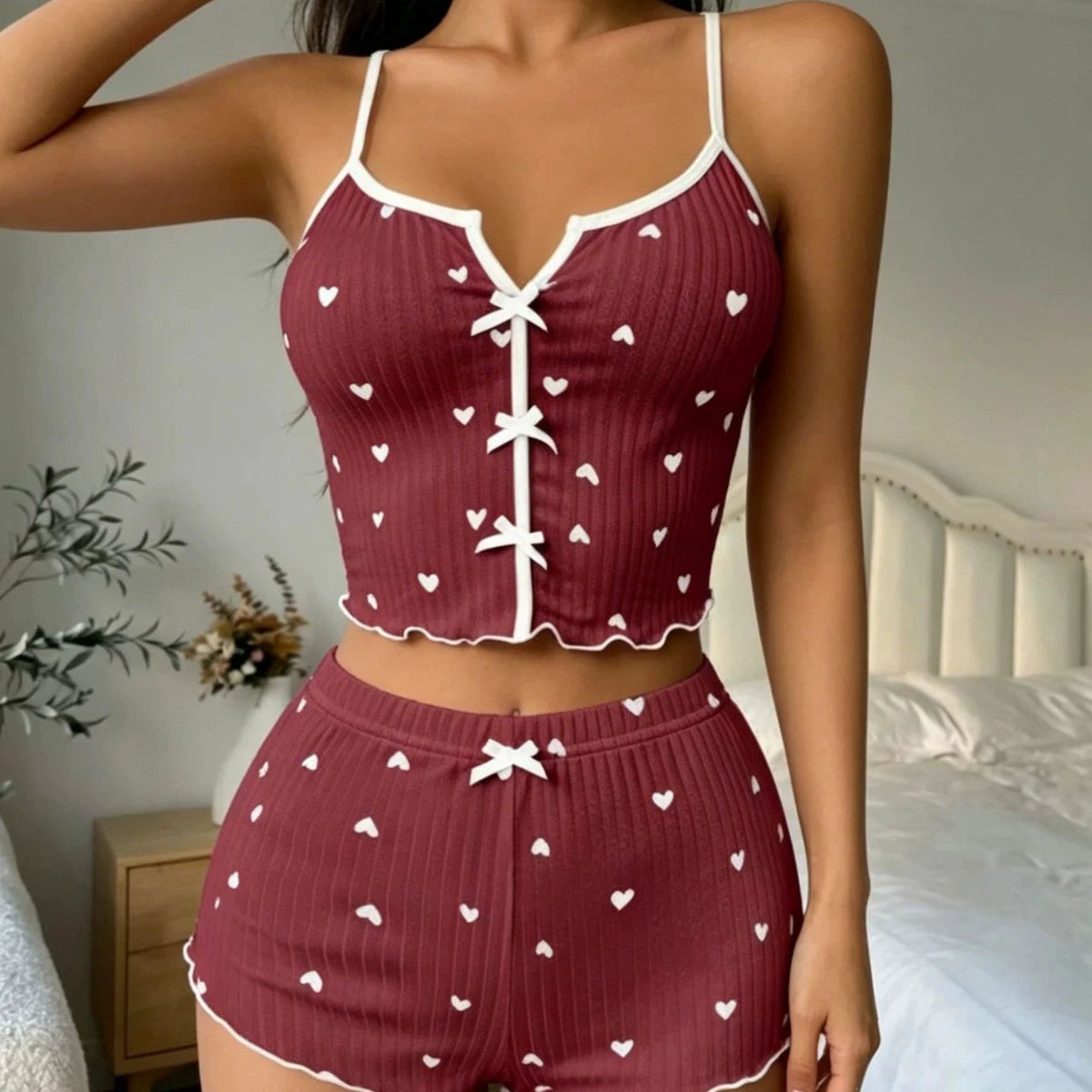 Women's Pajamas Set Sleepwear 2 PCS Short Tank Tops And Shorts S M L White Ventilate Soft Casual Love Printing