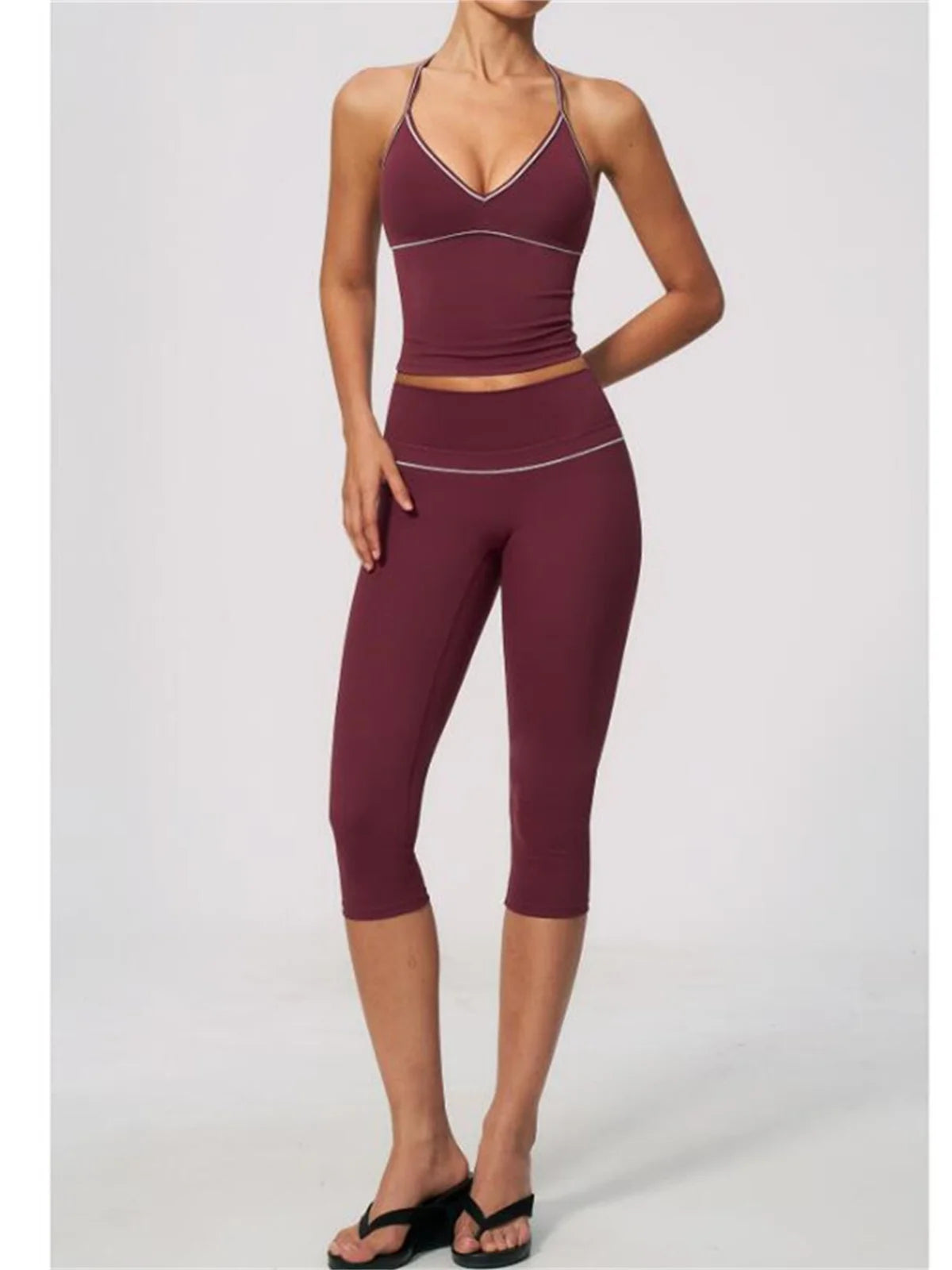 Summer Color Blocking Yoga Suit Women Tracksuit Hanging Neck V Neck Slim Sports Vest Tight Hip Lifting Capri Pants Fitness Sets