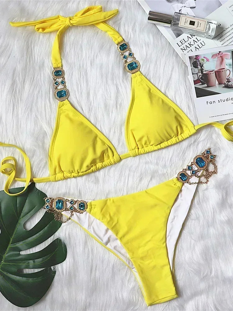 Halter Crystal Rhinestone Diamond Bikini 2026 Female Swimsuit Women Swimwear Two Pieces Bikini set Brazilian Bathing Suit Swim