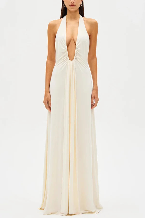 Sexy Deep V Halter Neck Long Dress Women Elegant Bandage Patchwork Luxury Evening Dresses Solid Color Hot Girls Party Vestidos