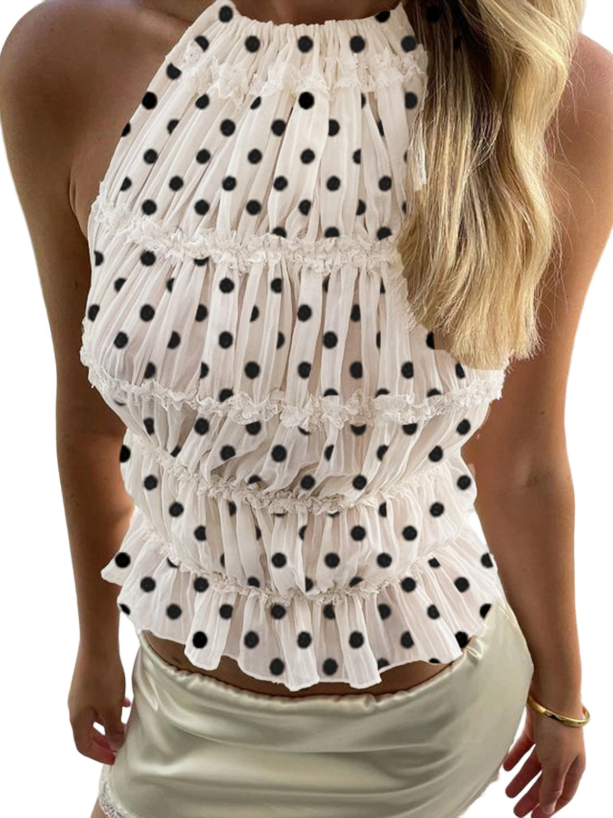 Women's Fashion Slim Fit Halter Tops Spring Summer Stylish Dot Print Ruffled Trim Backless Sleeveless Vest
