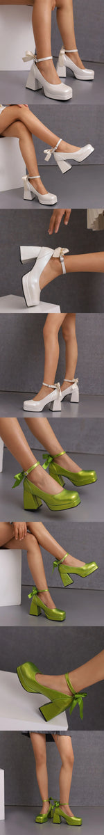 Big Size 48 Sweet y2k Pink Mary Janes Pumps Blue Ribbon Knot Block High Heels Shoes Women White Party Wedding Platform Shoes