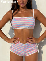 2026 Striped Mid Waist Bikini Female Swimsuit Women Swimwear Two-Pieces Bikini Set Shorts Padded Bather Bathing Suit Swim V8011