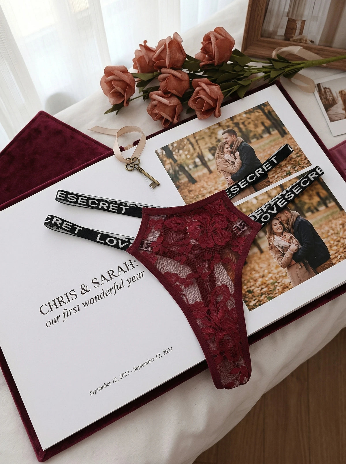 Women Burgundy Lace Thong Sexy G-string Letter Waistband Panties Vintage Low Rise Floral Lace Sheer Luxury Lingerie C856