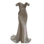 Evening Party Prom Dress Elegant V-Neck Off Shoulder Dress Sequin Pleated Short Sleeve Waist Tight Slim Sexy Split Long Dress