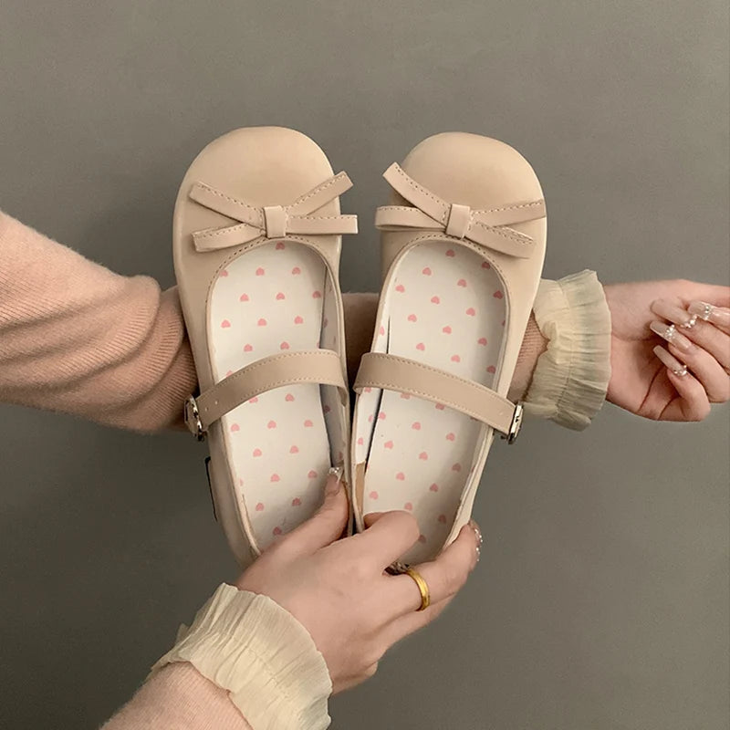 Preppy Butterfly-Knot Low Heel Mary Janes Women Vintage Solid Buckle Strap Pumps Woman Cute Sweet Lolita Single Shoes for Ladies