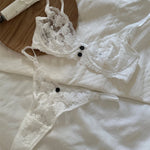 Sexy Lace Flowers Embroidery Lingerie Set for Women Ultra Thin Breathable Bra Button Decoration Underwear French Bras Thong Sets