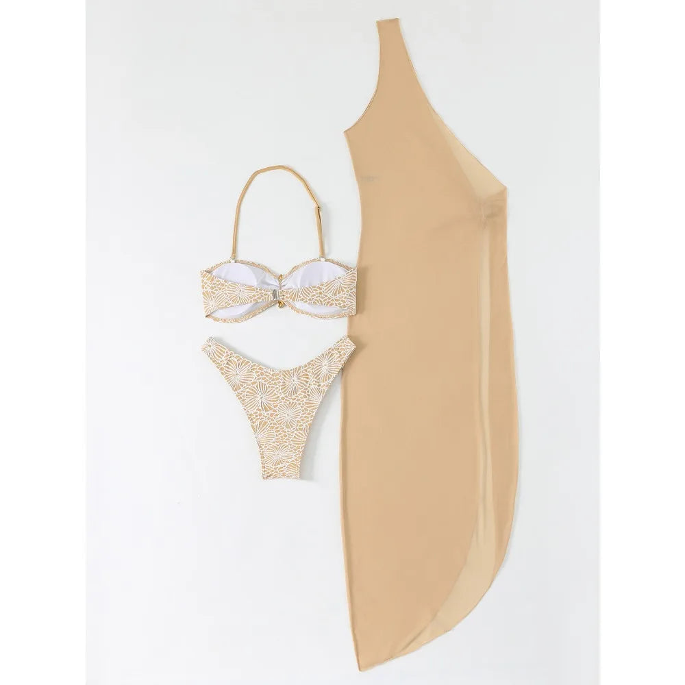 2026 Nude Three Piece Swimsuit Women Swimwear Sexy Bandeau Thong Bikini Sets Monokini Beach Bathing Suit Long Dress Vacation