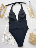 V Neck Halter Wrinkled Women Swimwear One Piece Swimsuit Female High Cut Backless Monokini Bather Bathing Suit Swim Beachwear