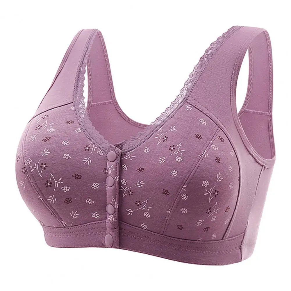 Mid-aged Women Bra Elastic Lace Shoulder Strap Front Button Closure Bra Printed Shockproof Push-up Wireless Mother Bra