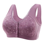 Mid-aged Women Bra Elastic Lace Shoulder Strap Front Button Closure Bra Printed Shockproof Push-up Wireless Mother Bra