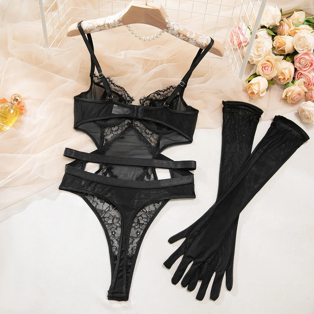 Women's Sexy Black Lace See-Through Jumpsuit - Hollow Mesh Shapewear Bodysuit for Special Occasions