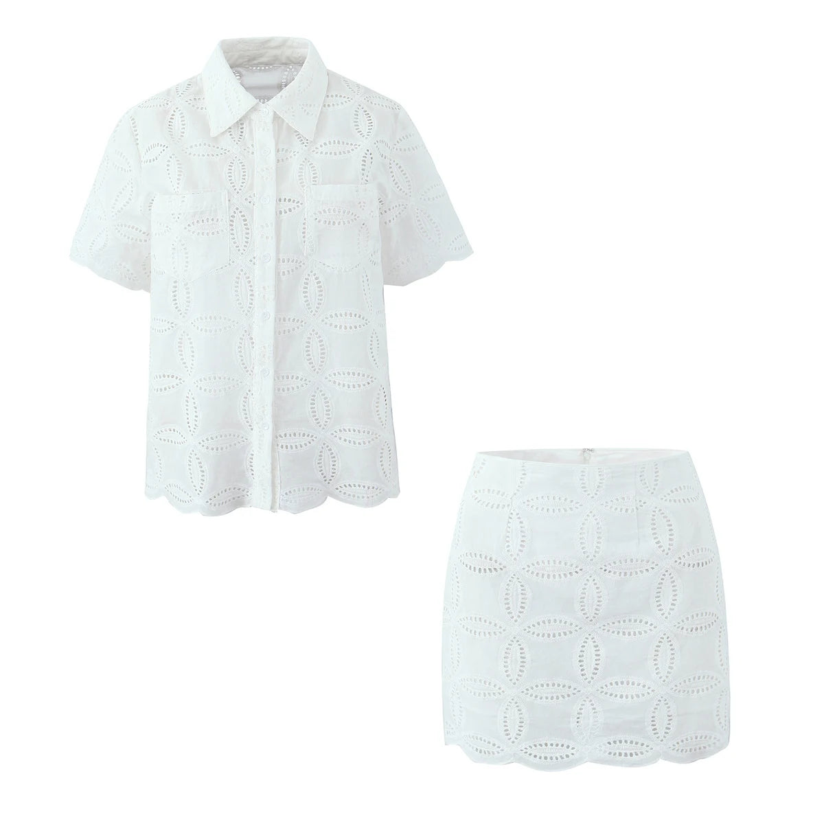 Foridol Summer Casual White Lace Dress Set for Women Hollow Out Embroidery Skirt Outfits 2 Pcs Loose Beach New Suit Skirt Set