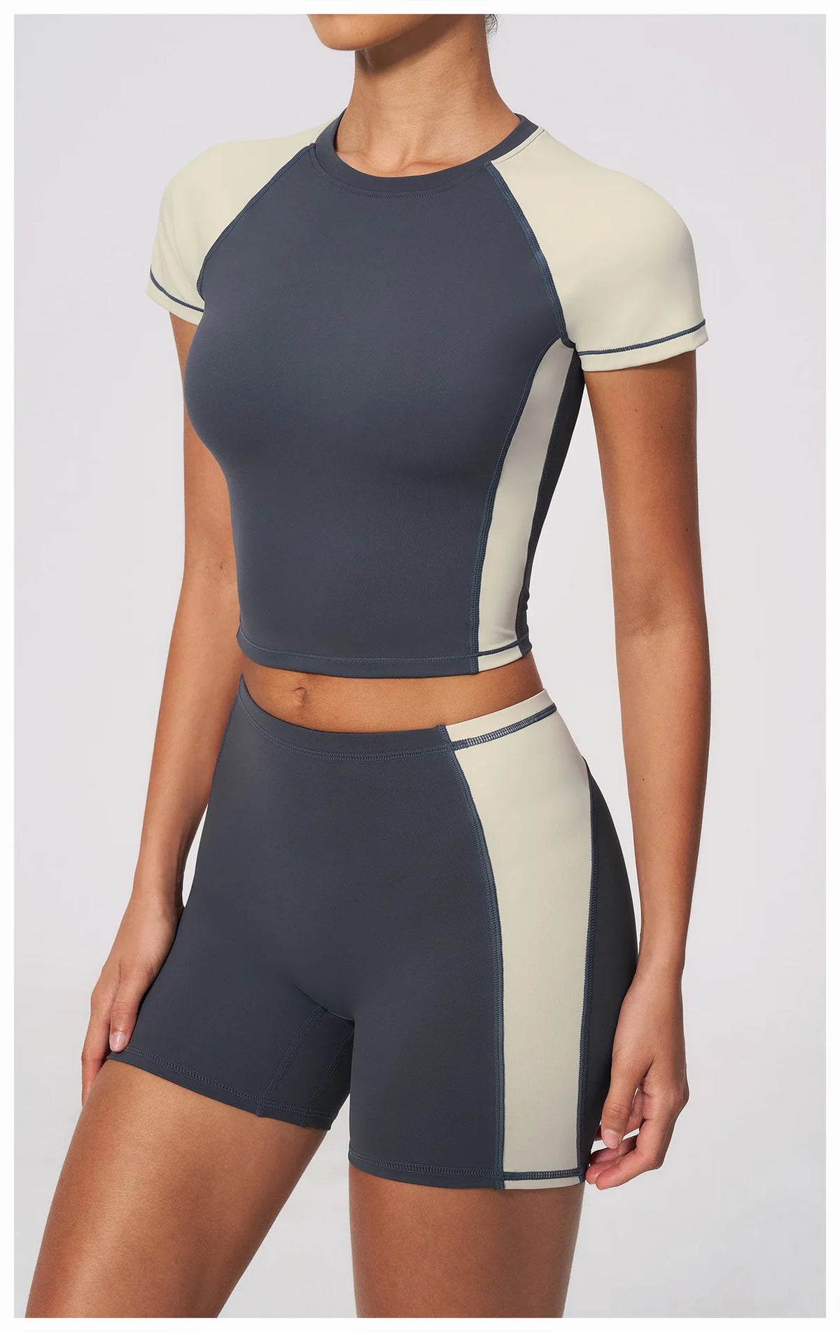 Summer New Yoga Sets Women Breathable Contrasting Color Short Sleeve Slim Sports T Shirts Training Running Shorts Fitness Suit