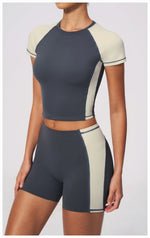 Summer New Yoga Sets Women Breathable Contrasting Color Short Sleeve Slim Sports T Shirts Training Running Shorts Fitness Suit