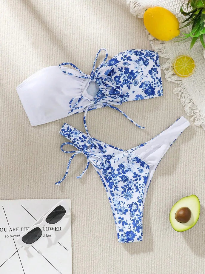 New Sexy Floral Print Bandeau Bikini 2024 Women Swimwear Female Swimsuit Two Pieces Thong Bikini Set Bather Tie Bathing Suit