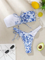 New Sexy Floral Print Bandeau Bikini 2024 Women Swimwear Female Swimsuit Two Pieces Thong Bikini Set Bather Tie Bathing Suit