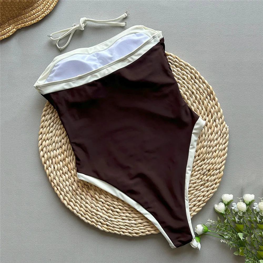 Brown Strapless Sexy Swimsuit Women One Piece Swimwear 2026 White Edge Metal Ring Belt High Cut Bathing Swimming Suit Monokini