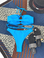 Solid Color Bikini Sexy Hollow Out Bandage Cross Thong Swimwear Women Halter Backless Bathing Suit High Waist Swimsuit 2026 New